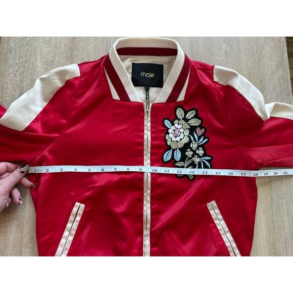 Maje Red Satin Floral Applique Bomber Jacket Size 38 - Picture 5 of 14